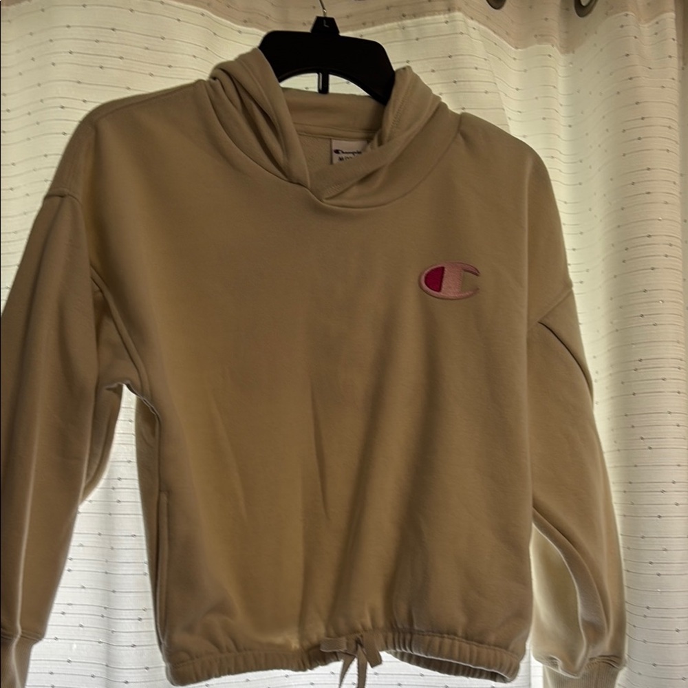 Champion Kids Hoodie - Cream with Pink Logo